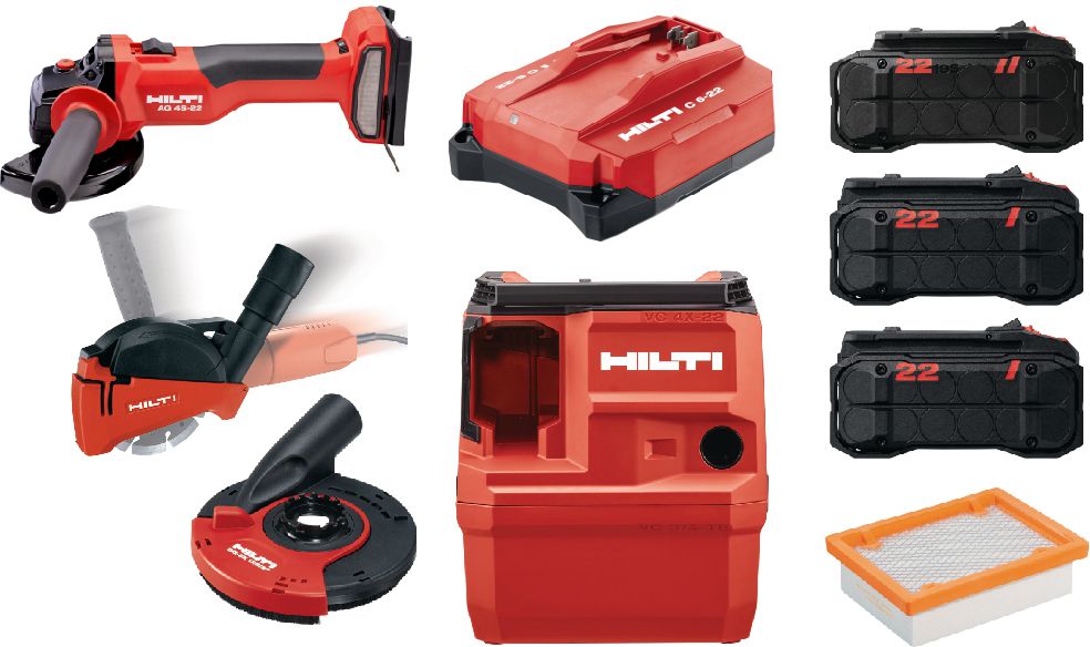 Combo image includes angle grinder AG 4S.22, vacuum cleaner VC 4LX-22, accessories for vacuum cleaner and angle grinders, battery B 22-110 and B 22-195, and charger C 6-22