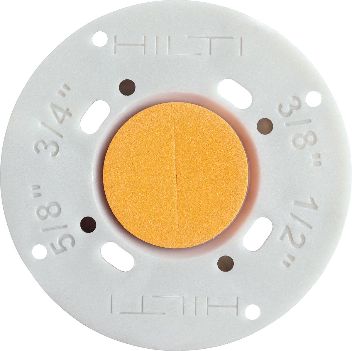 Single point cast-in multithread (3/8"+1/2"+5/8"+3/4") pan joist deck anchor - Bottom view with orange foam insert