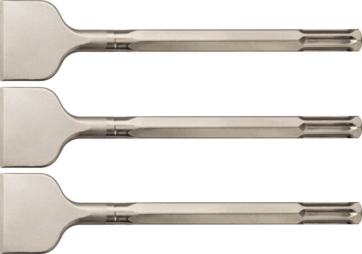 Still life picture of the scaling chisel TE-S SC 36/8. Edited to create a 3 pack image for HNA.