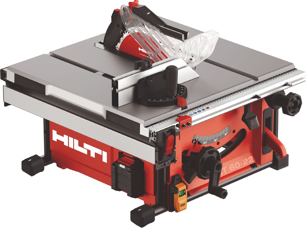 Still life image of cordless table saw SCT 60-22 (G01) with B22-290 battery, metric scale.