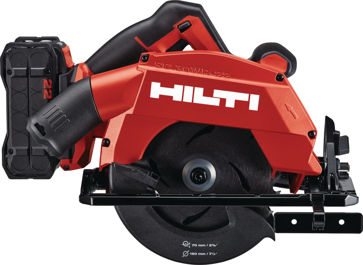 Still life image of a cordless circular wood saw SC 30WR-22 (2nd Gen) tool body with B22-175 battery, W1 version small base plate with marking in inches.