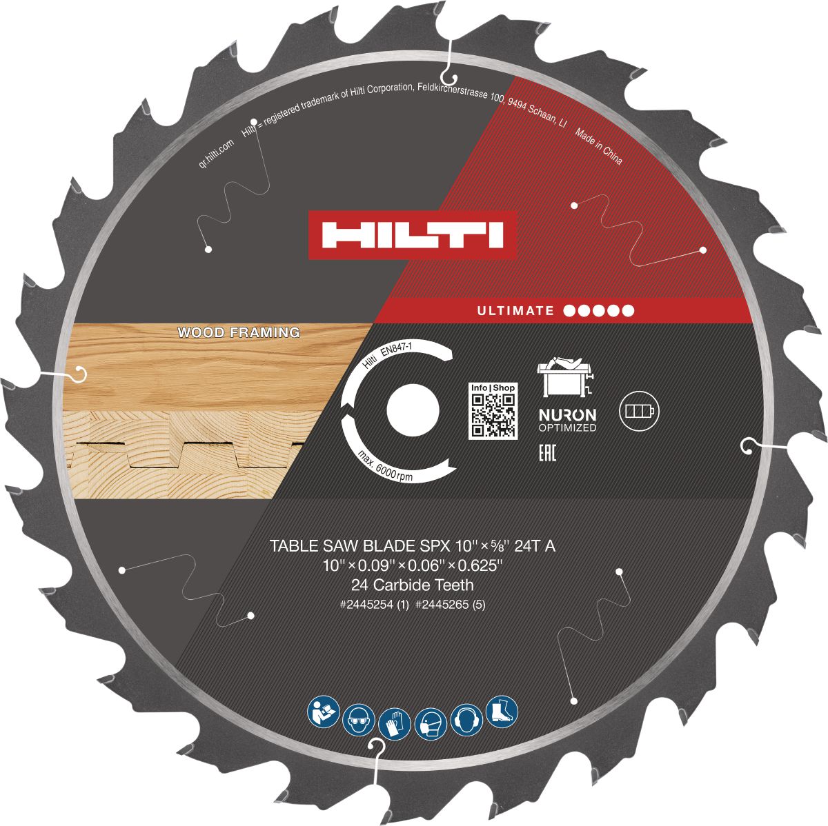 Still life image of Ultimate table saw blade SPX 10" 24 T wood universal.