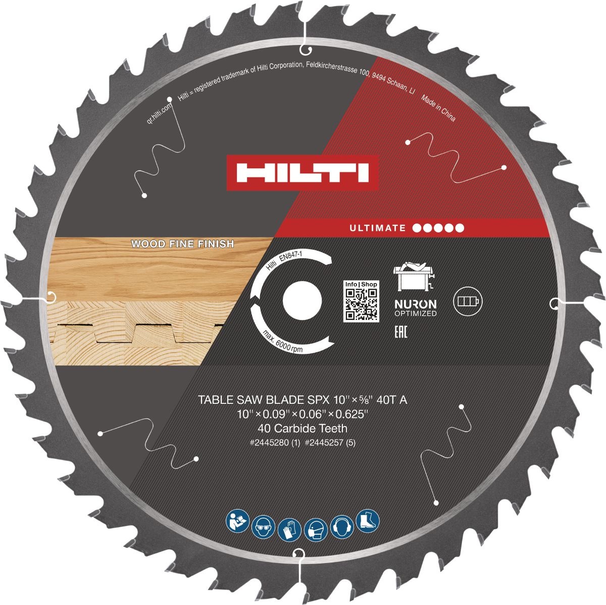 Still life image of Ultimate table saw blade SPX 10" 40 T wood fine finish.