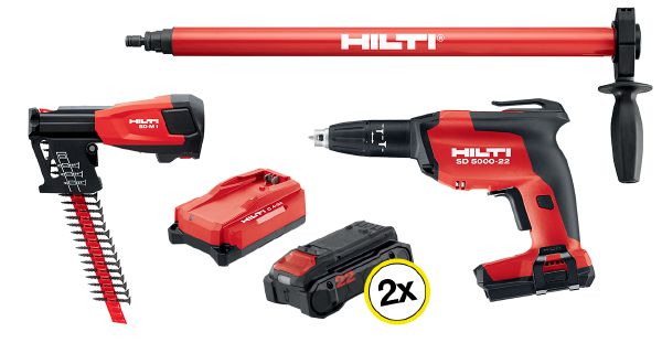 Kit visseuse plaquiste avec 2 batteries, chargeur de vis en bande et perche