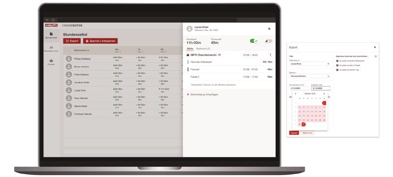Cropped application image of CrewCenter desktop showing the features of approval and export of hours worked.